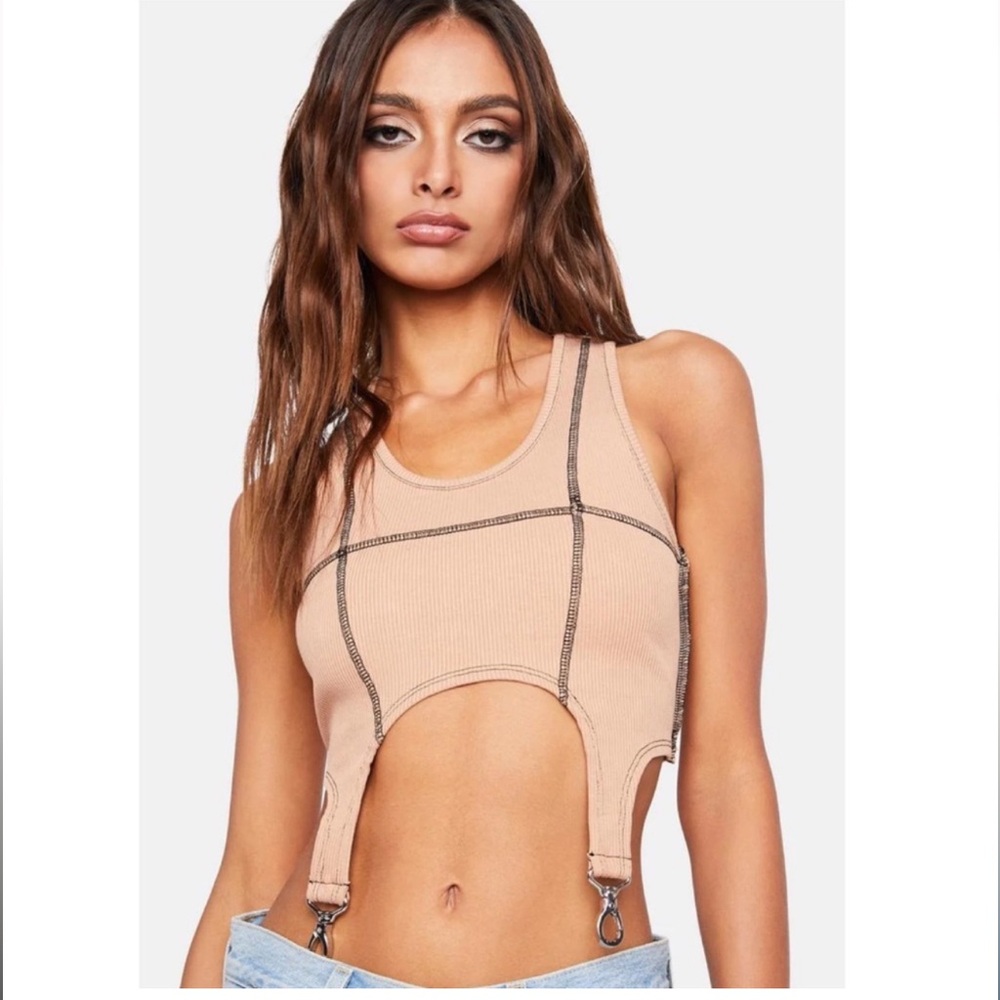 The Ragged Priest Beige Ribbed Crop Top with Contrast Stitching - Picture 1 of 5